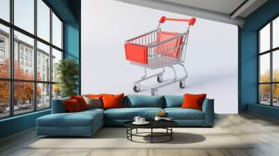 Red Shopping Cart on White Background Wall mural