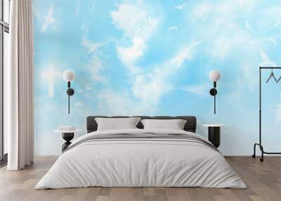 Christian cross appears bright in the sky background and soft clouds. with the light shining as Love. hope and freedom of God Jesus. Wall mural