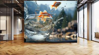 Fish leap out from a glass into a lake, bigger wider environment. Concept of courage to leave the comfort zone or free oneself for the better Wall mural