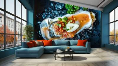 delicious fresh raw oyster wirh spicy sauce Wall mural