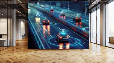 Autonomous cars driving on a smart highway with traffic information system Wall mural