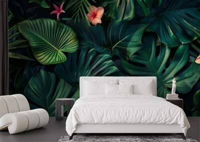 Dense tropical jungle pattern with exotic flowers. Botanical design for wallpaper, textile, Wall mural