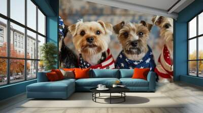 Dogs dressed in patriotic American flag apparel. Pet fashion and national celebration concept. Wall mural