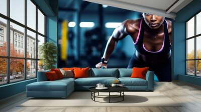 Fitness, kettlebell squat. Portrait of black woman doing bodybuilding exercise Wall mural