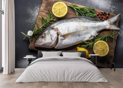 Fresh uncooked dorado or sea bream fish. lemon. herbs. Fresh fish dorado. Dorado and ingredients Wall mural