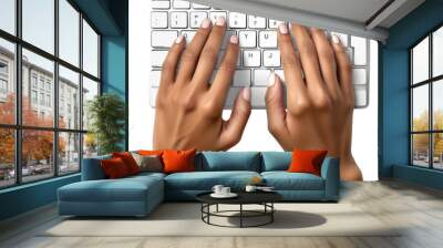 Hands typing on a white computer keyboard transparent background Wall mural