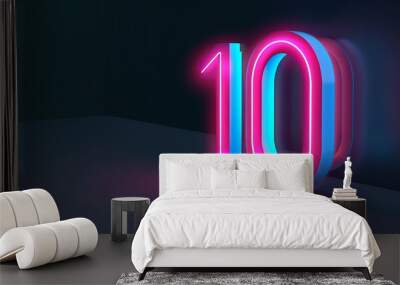 Neon number 10 illuminated in pink and blue. 3D digital art with neon lighting. Modern decor style Wall mural