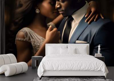 Passionate african couple in love in elegant evening dresses, woman with wedding ring on his finger. Wall mural