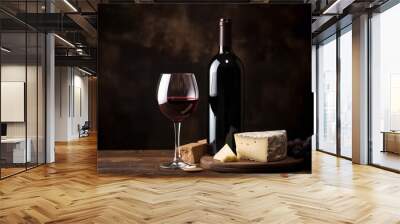 Red wine in vintage light with cheese. cheese and wine. dark background Wall mural