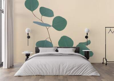 Natural stylish eucalyptus leaves stem. Botanical stalk green element minimalism against neutral pastel yellow brown background. Wall mural