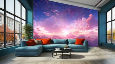 Heavenly sky. Sunset above the clouds abstract illustration. Extra wide format. Hope, divine, heavens concept. Hand edited generative AI.  Wall mural