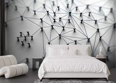 Linking entities. Monotone. Networking, social media, SNS, internet communication abstract. Small network connected to a larger network. Web of light to dark blue, wires on white background. Wall mural