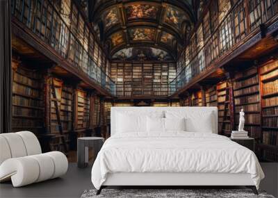 Old library holding many historical old books and manuscripts. Wide format. Hand edited generative AI. Wall mural