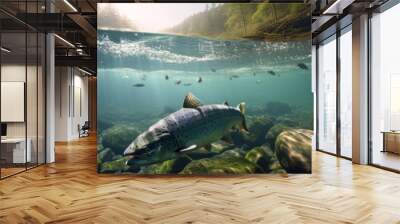 Salmon fish swimming the white water rivers of northern territory or Alaska.  Wall mural