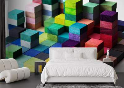 Spectrum of stacked multi-colored wooden blocks. Background or cover for something creative, diverse, expanding,  rising or growing. Wall mural