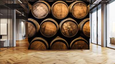 Whiskey, bourbon, scotch barrels in an aging facility. Hand edited, generative AI based.   Wall mural