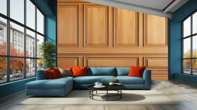 wood paneling. woodworking wall surface structure design, glossy finish. corner beveled diagonal edge routed. hand shaped classy paneled forms. hand edited AI  Wall mural