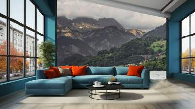 Swiss Unterterzen with awesome mountains on background, view from Murg ost. Wall mural