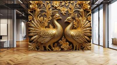 3D Gold 2 Peacock With Gold Flowers And Ornaments Wallpaper 3d illustration Design. Ai generated images Wall mural