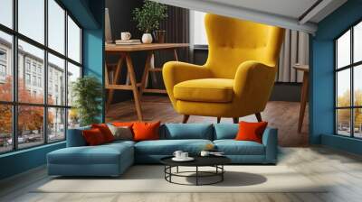 A realistic yellow armchair 3d render. Cozy comfortable office chair for indoor space design. Office interior furniture. Ai generated image Wall mural