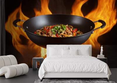 A wok pan, flames on background. High angle view of meal preparation, studio shot. Ai generated image
 Wall mural