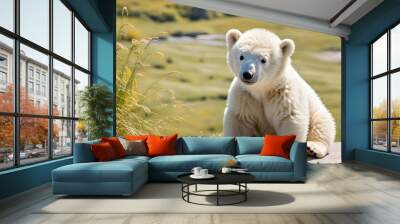 Adorable baby polar bears hanging out at the beautiful valley, cute baby polar bear, ai generated Wall mural