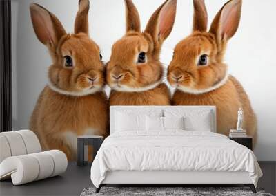 Adorable baby rabbit bunnies brown looking at something sitting over isolated white background. Puppy lovely furry infant brown bunny ears rabbit playful with copy space. Ai generated image. Wall mural