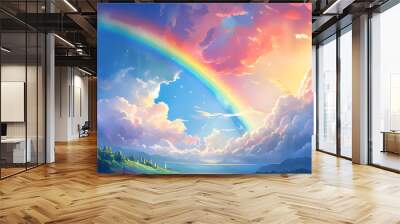 An animated illustration of a beautiful rainbow hanging in the blue sky, ai, generative, 생성형, korea and japan, 青空にかかる美しい虹のアニメ風イラスト Wall mural