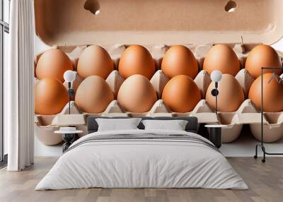 An open egg box containing ten brown eggs is isolated on a white background, emphasizing fresh organic chicken eggs stored in a carton pack with ample copy space provided, ai Wall mural