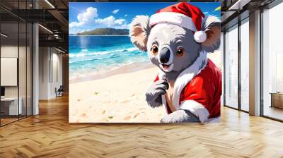 Cool koala santa claus on sunny beach resort, scenic ocean background. Australian summer christmas happy new year festive season greeting card, holiday maker creative wildlife animal 3d digital poster Wall mural