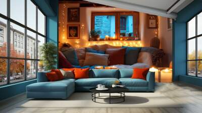 cozy living room decorated with twinkling lights and candles, creating warm and inviting atmosphere Wall mural