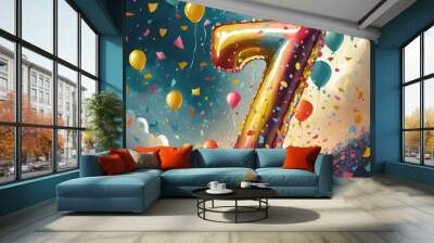 Balloon number 7, illustration for birthday or anniversary celebration, digital painting Wall mural