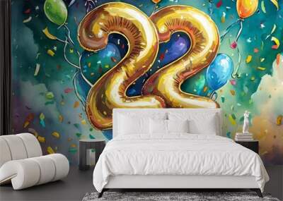 Birthday / anniversary balloon, number 22, colorful illustration with confetti en festive decoration Wall mural