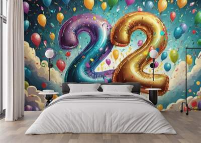 Birthday / anniversary balloon, number 22, colorful illustration with confetti en festive decoration Wall mural