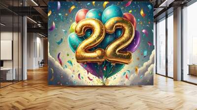 Birthday / anniversary balloon, number 22, colorful illustration with confetti en festive decoration Wall mural