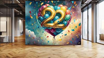 Birthday / anniversary balloon, number 22, colorful illustration with confetti en festive decoration Wall mural