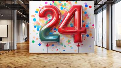 birthday / anniversary balloon, number 24, white background with confetti Wall mural