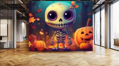 Cute looking skeleton, halloween themed illustration Wall mural