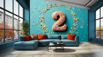 Decorated cookie, number 2, image for birthday or anniversary Wall mural