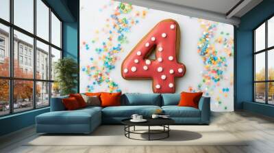 Decorated cookie, number 4, image for birthday or anniversary celebration Wall mural