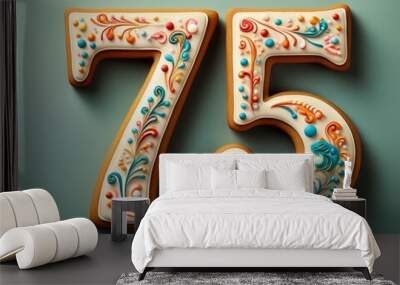 Decorated cookie, number 75, image for birthday or anniversary celebration Wall mural