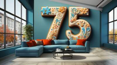 Decorated cookie, number 75, image for birthday or anniversary celebration Wall mural