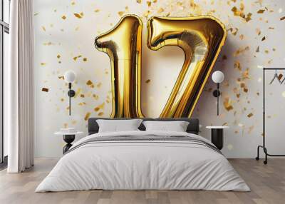 Gold birthday / anniversary balloon, number 17, white background Wall mural