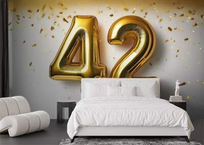 Gold birthday / anniversary balloon, number 42, white background with confetti Wall mural