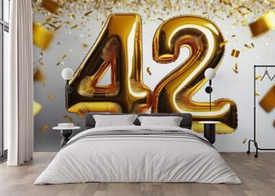 Gold birthday / anniversary balloon, number 42, white background with confetti Wall mural