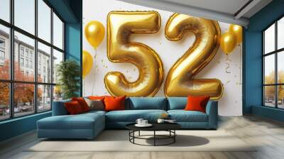 Gold birthday / anniversary balloon, number 52, white background with confetti Wall mural