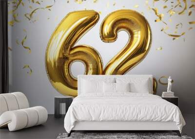 Gold birthday / anniversary balloon, number 62, white background with confetti Wall mural