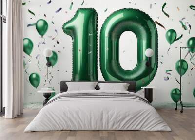 Green birthday / anniversary balloon, number 10, white background with confetti Wall mural