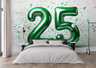 Green birthday / anniversary balloon, number 25, white background Wall mural