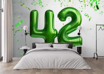 Green birthday / anniversary balloon, number 42, white background with confetti Wall mural